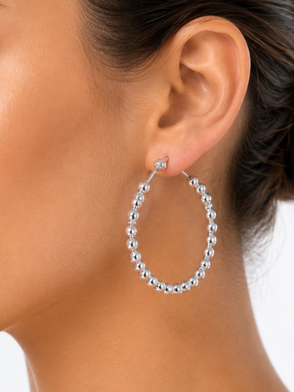 Silver Beaded Hoop Earrings – Lightweight Nickel-Free Fashion Jewelry for Women